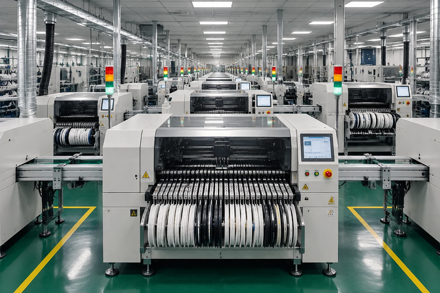 Wide view down an unstaffed surface-mount line: a row of white placement machines with loaded component reels, joined by an aluminium conveyor rail over a green ESD floor