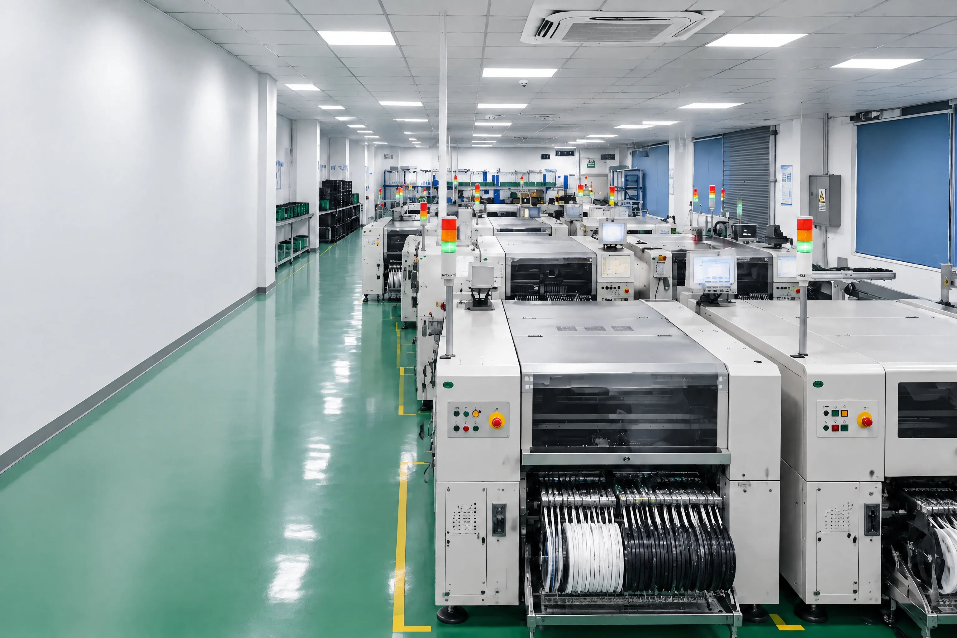 Row of surface-mount placement machines receding down an assembly hall, component reels loaded on the feeder banks and a conveyor running between the stations